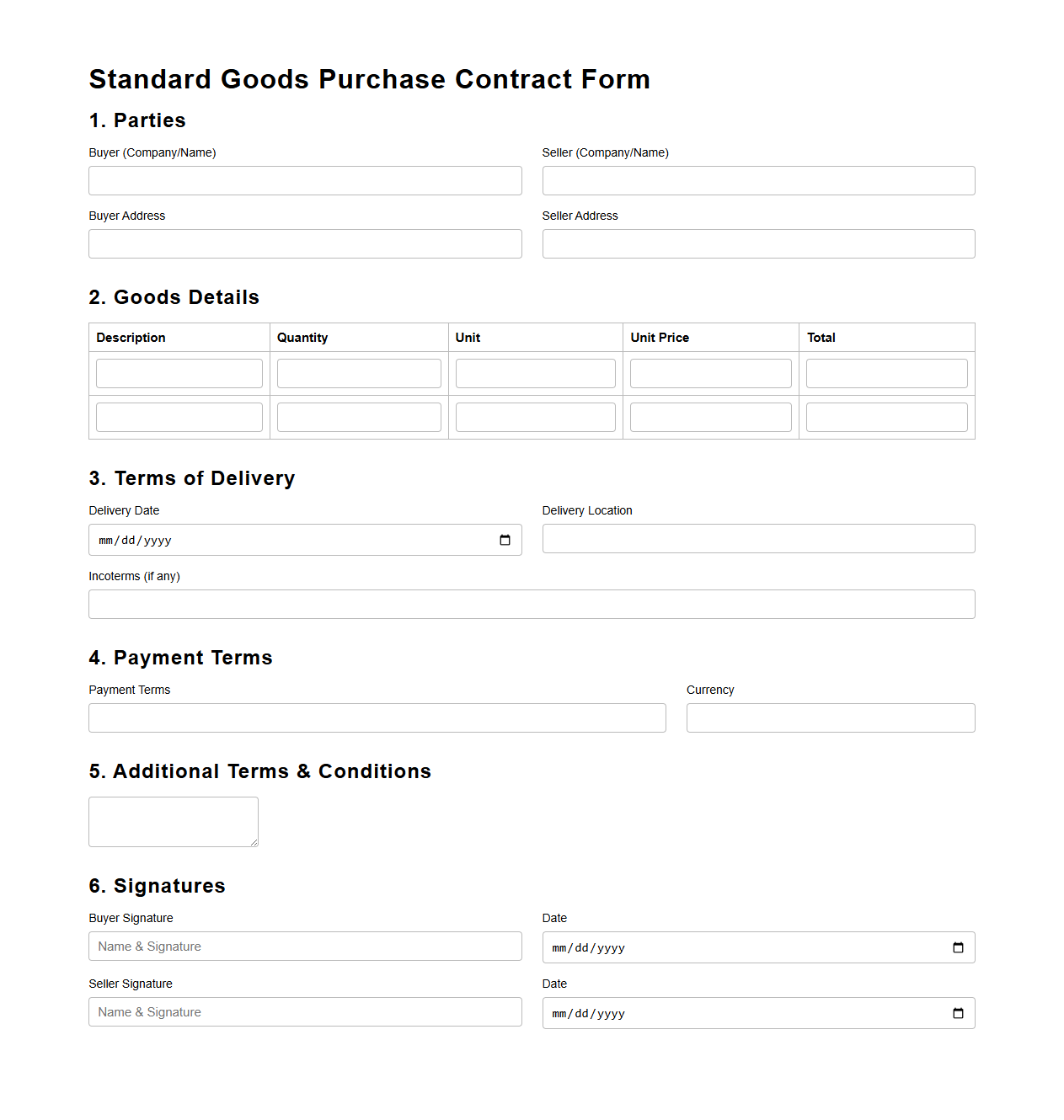 Standard Goods Purchase Contract Form