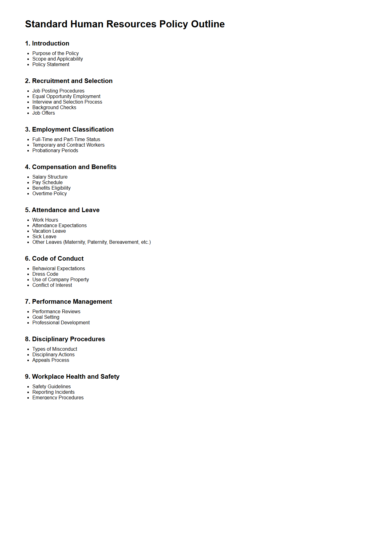 Standard Human Resources Policy Outline