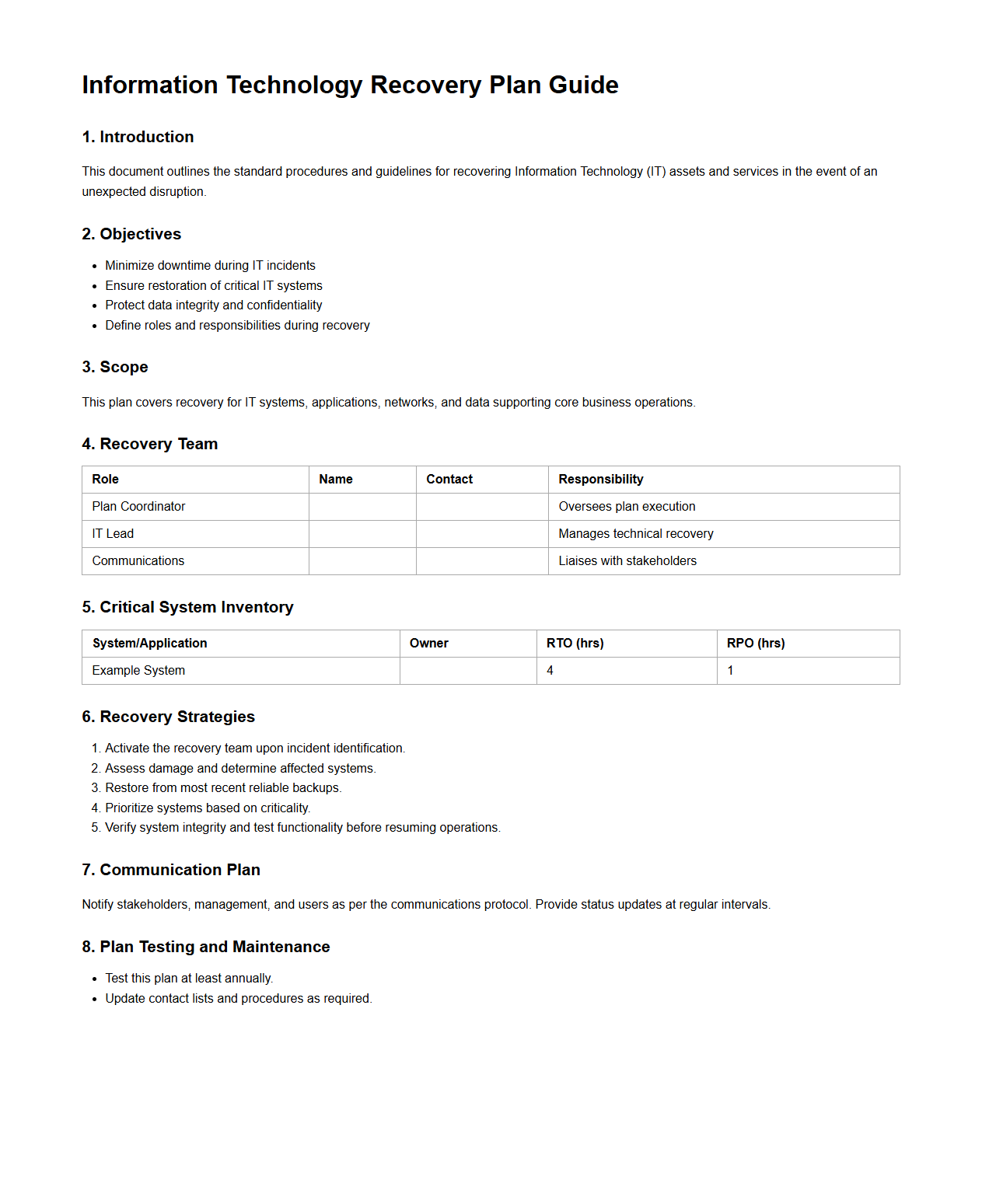 Standard Information Technology Recovery Plan Guide