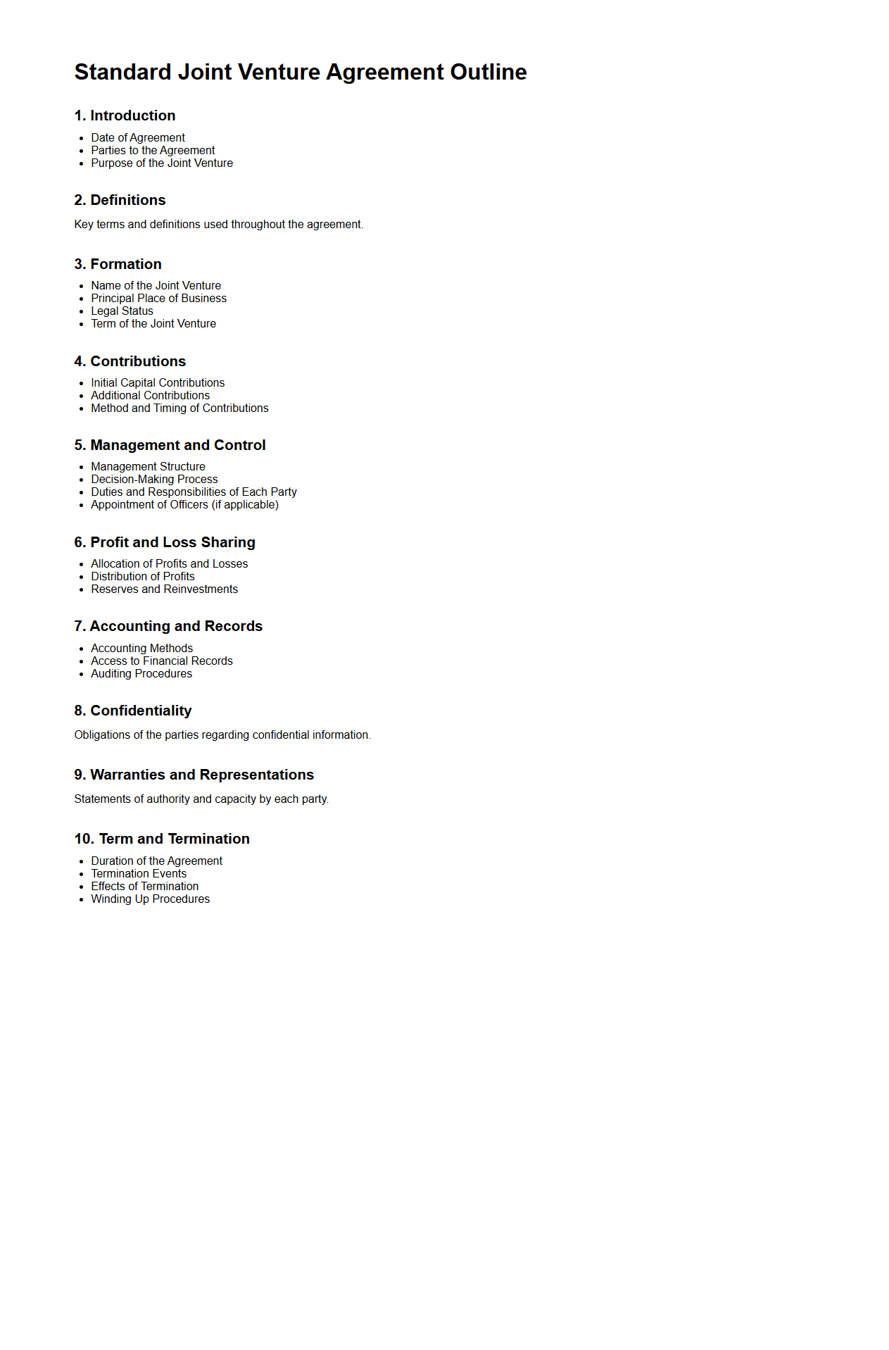 Standard Joint Venture Agreement Outline for Projects