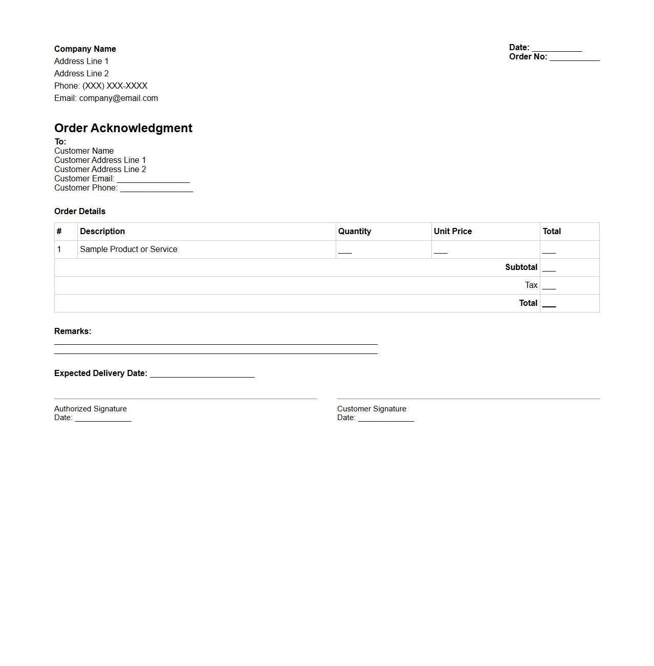 Standard Order Acknowledgment Document