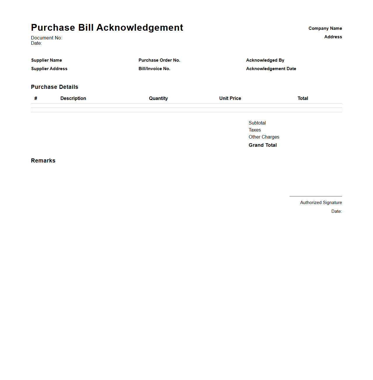 Standard Purchase Bill Acknowledgement Document