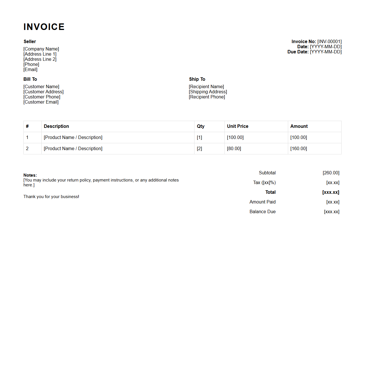 Standard Retail Goods Purchase Invoice Format