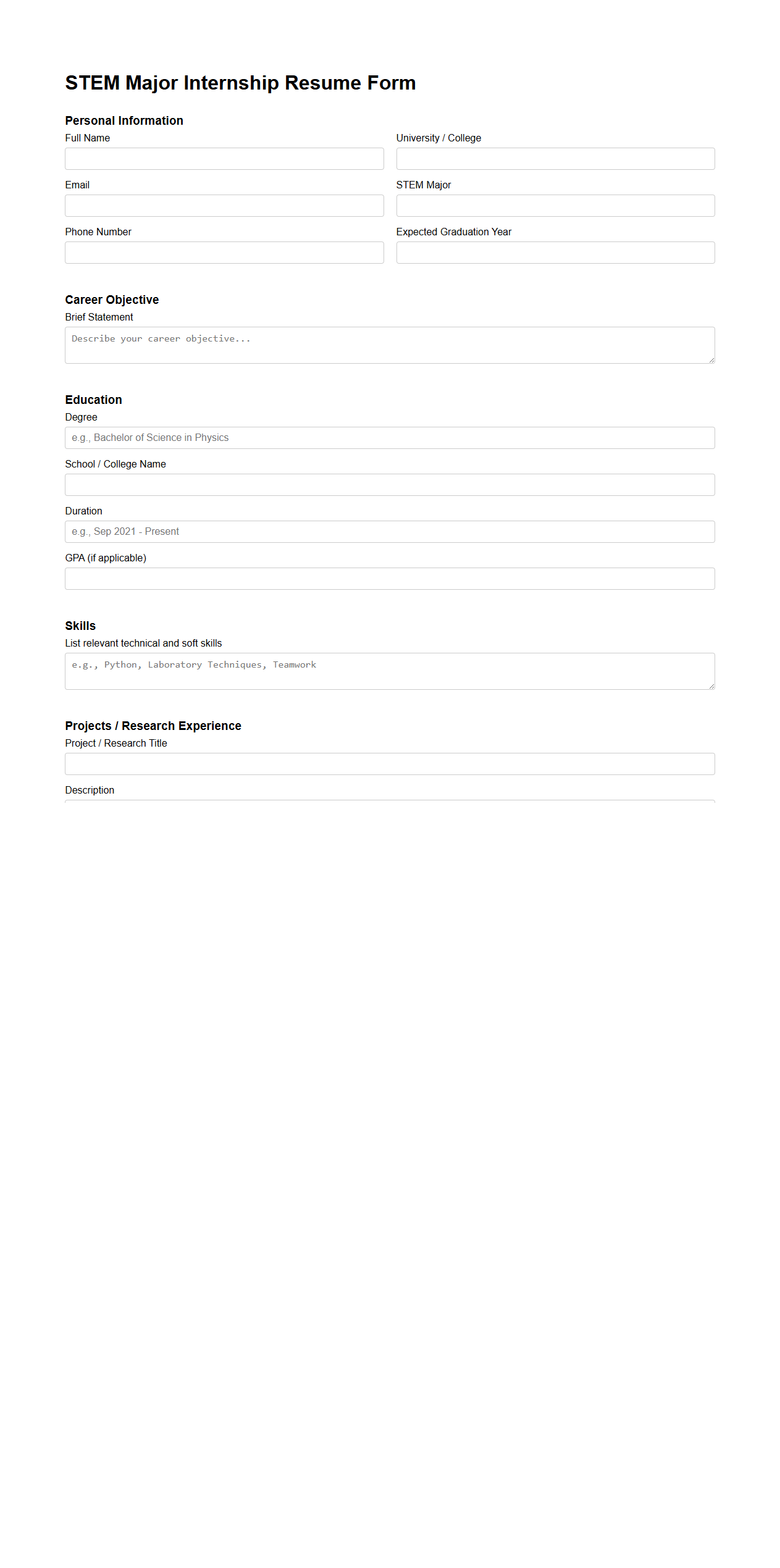 STEM Major Internship Resume Form for Students