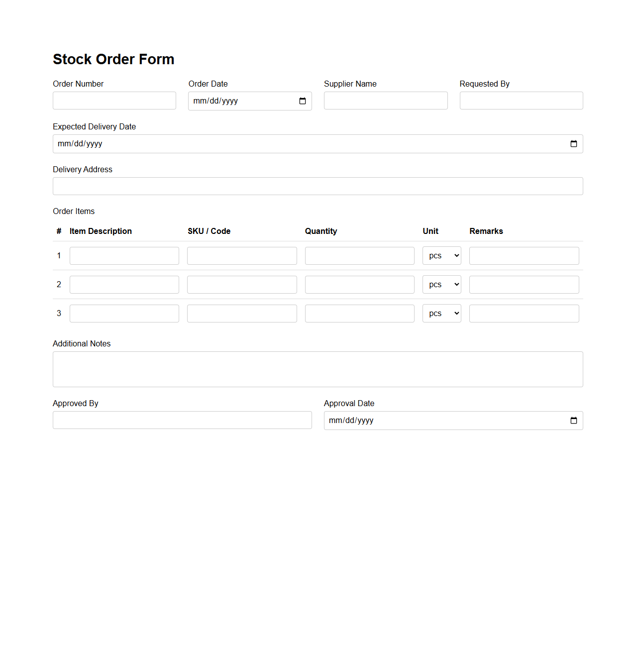 Stock Order Form Template for Supply Chain