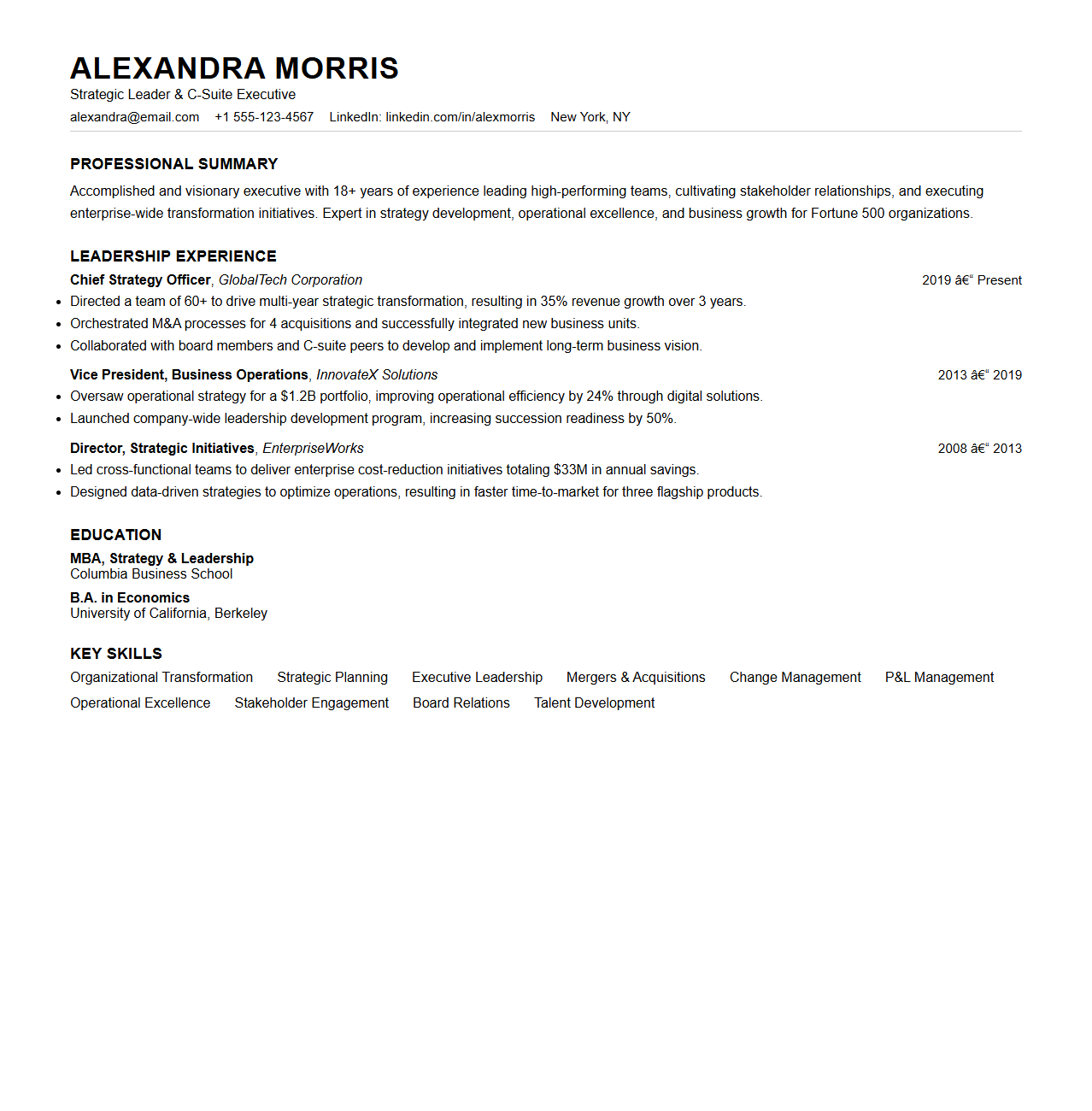 Strategic Leader Resume Template for Top-Level Careers