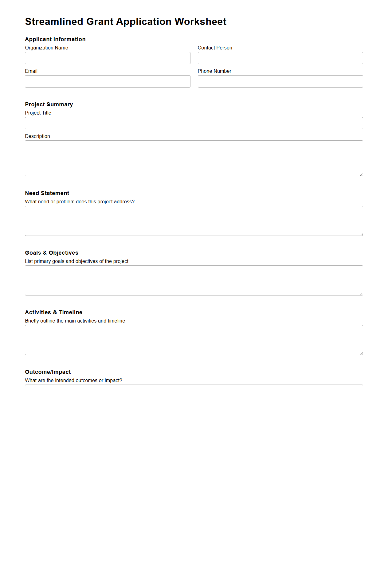 Streamlined Grant Application Worksheet