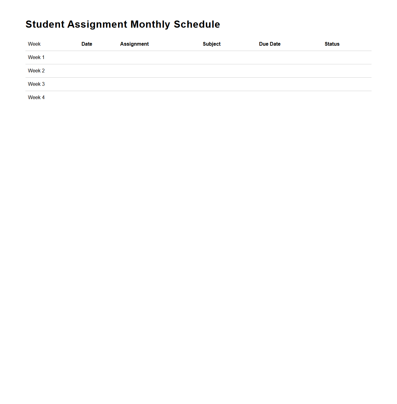 Student Assignment Monthly Schedule