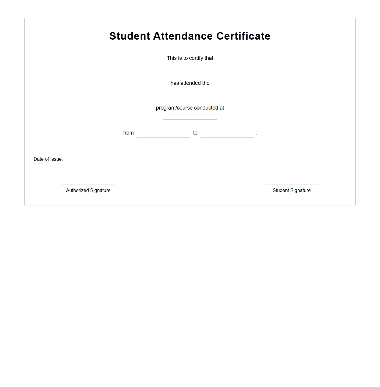 Student Attendance Certificate Template Blank