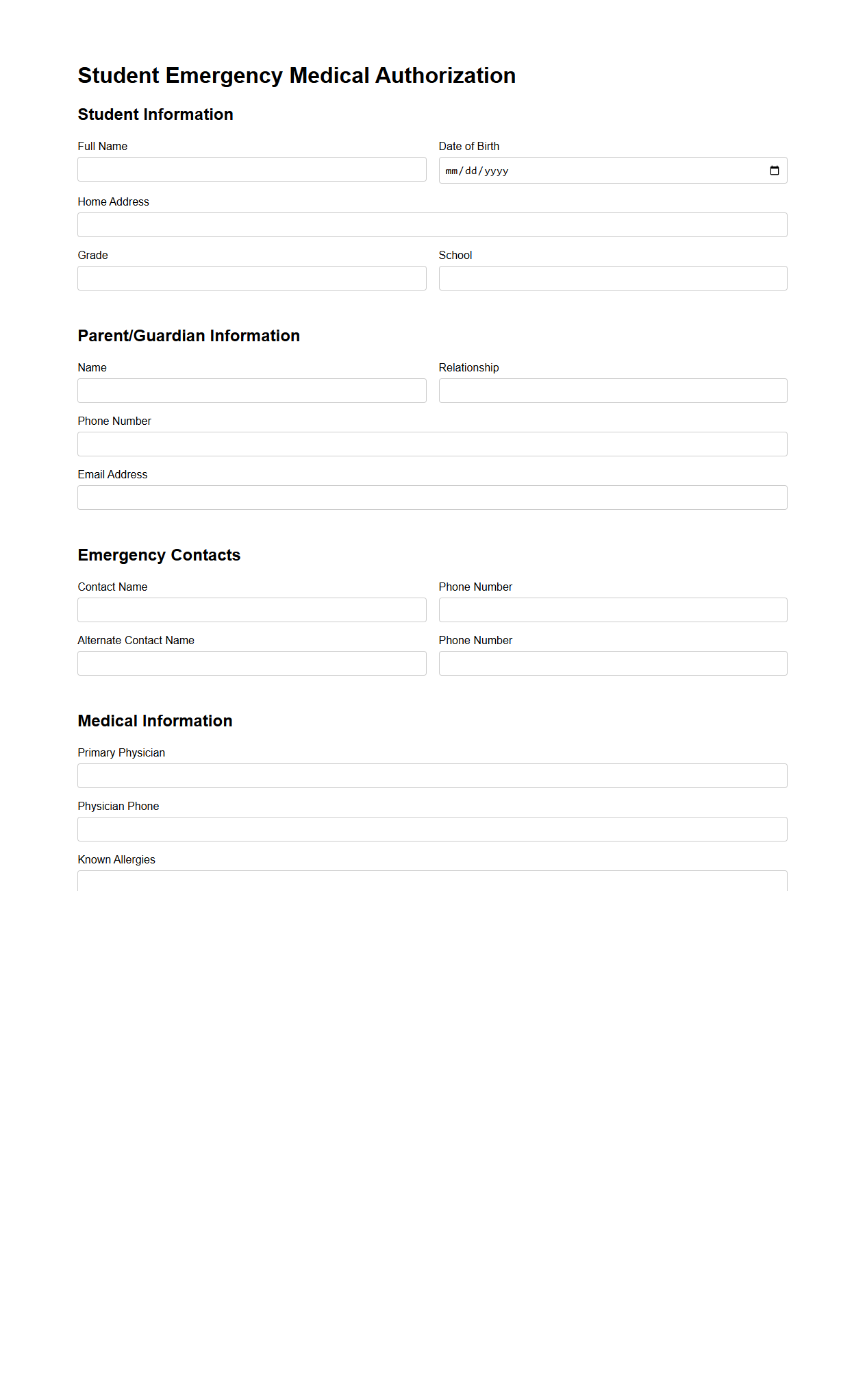 Student Emergency Medical Authorization Template