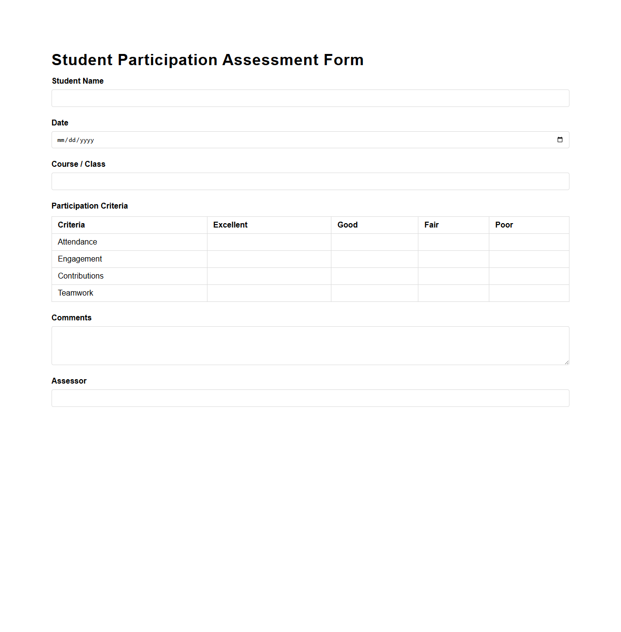 Student Participation Assessment Form