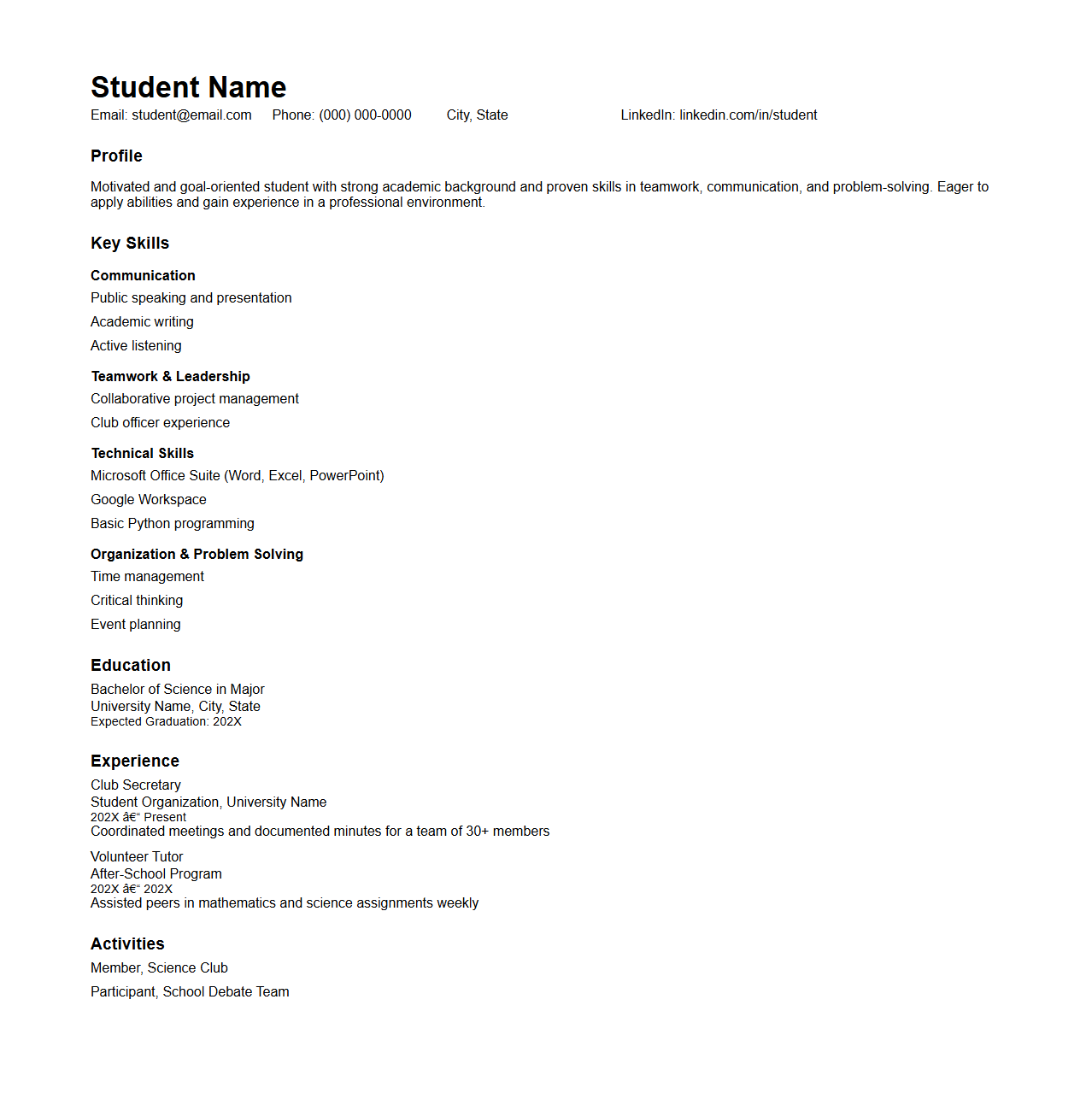 Student Skills-Based Resume Design