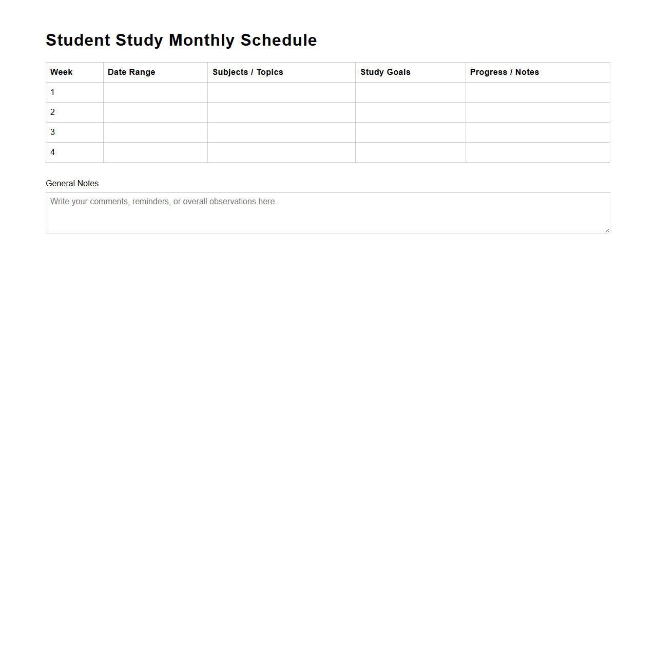 Student Study Monthly Schedule