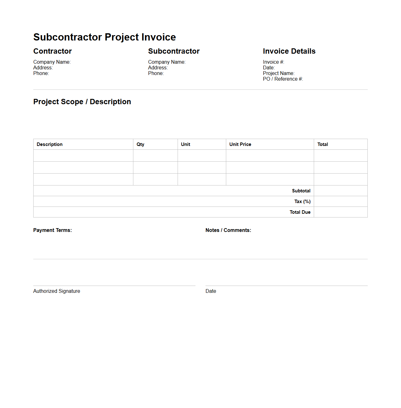 Subcontractor Blank Project Invoice Template