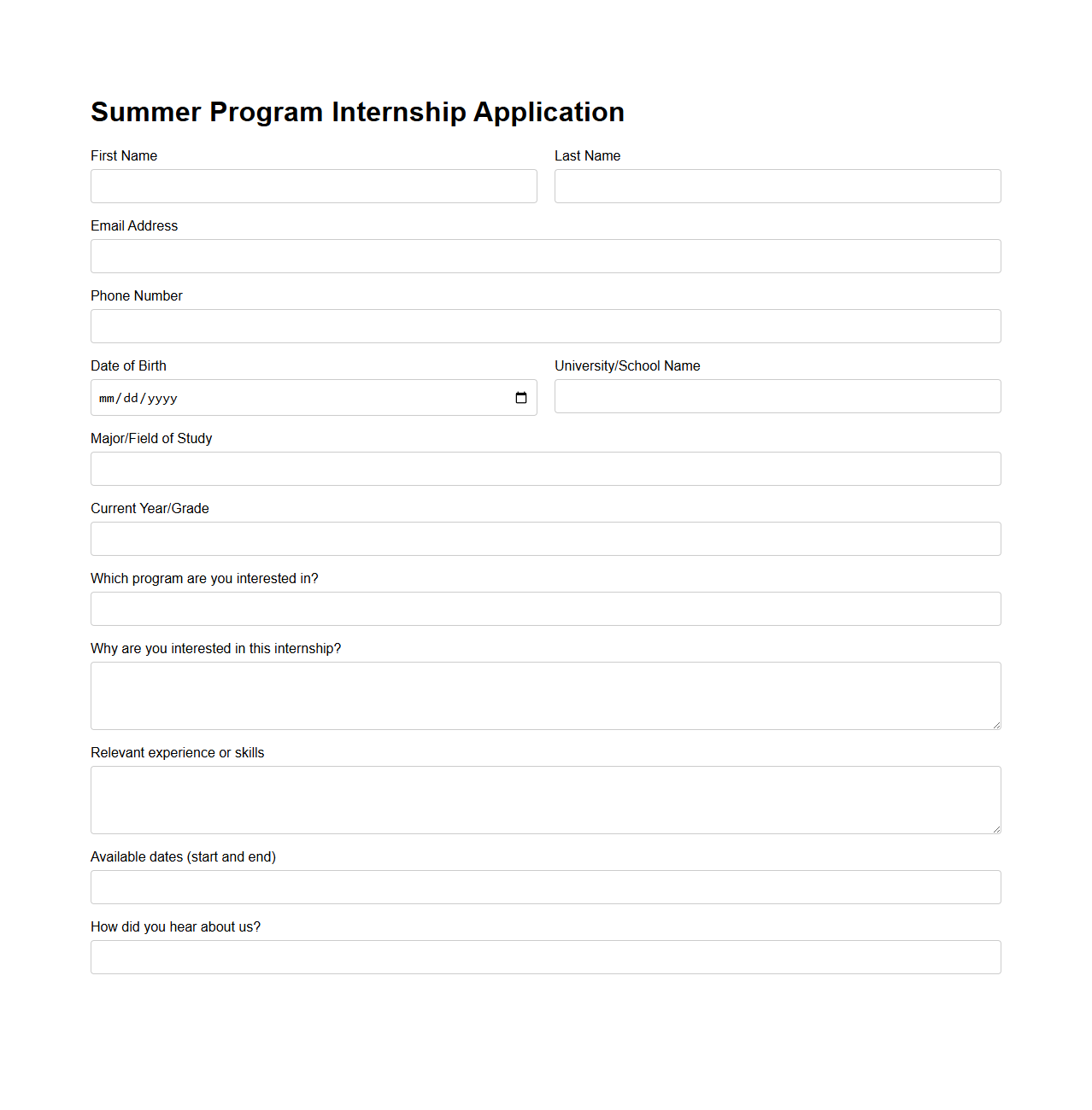 Summer Program Internship Application Template