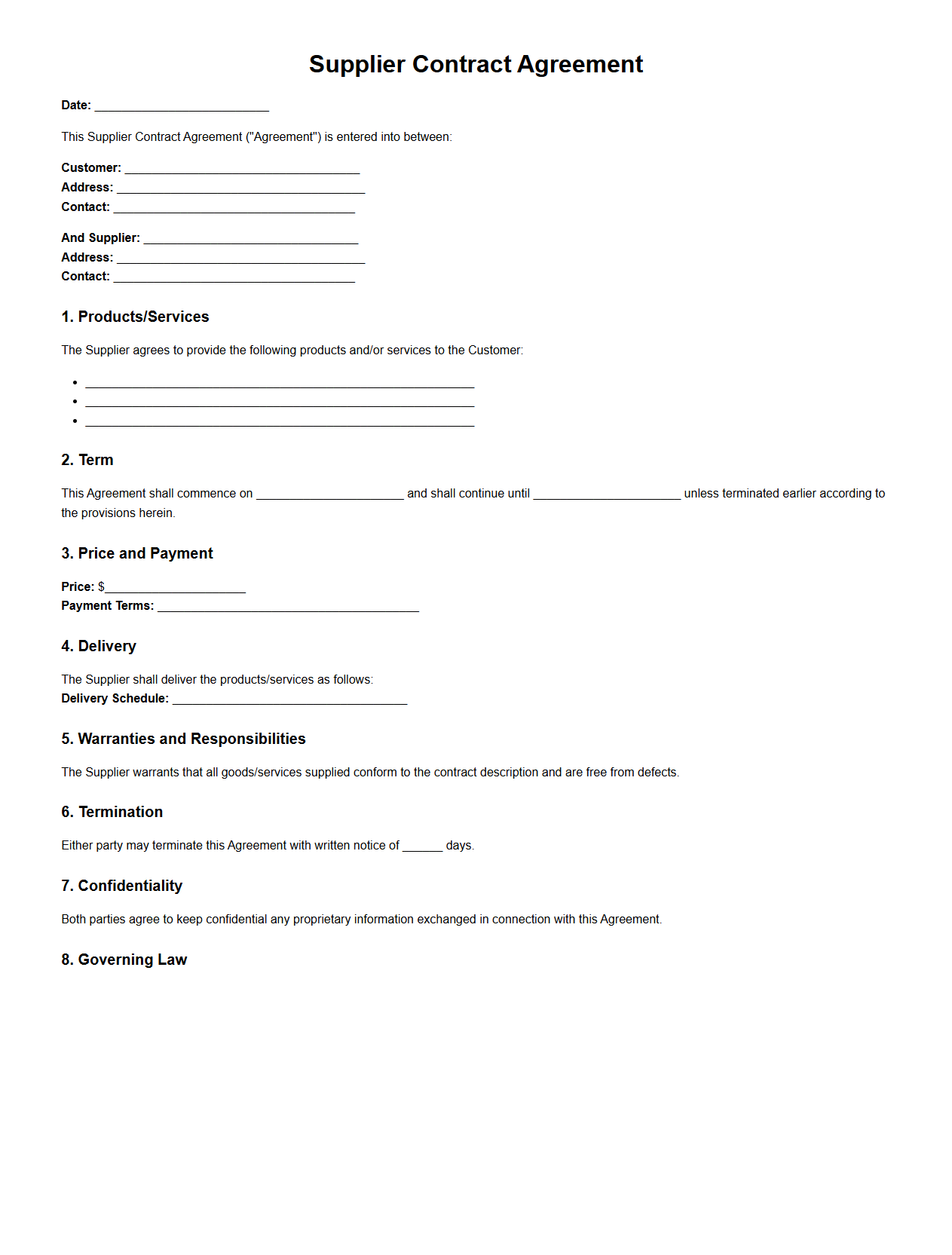 Supplier Contract Agreement Sample Template