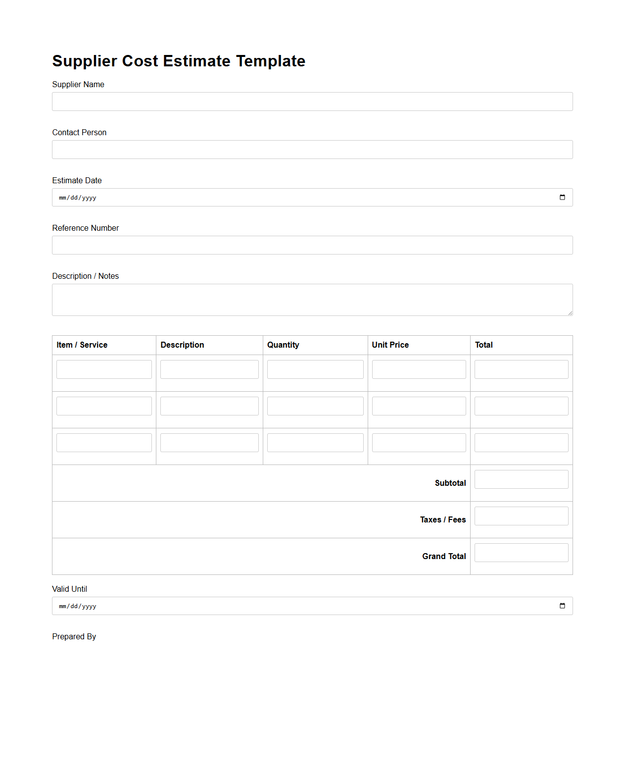 Supplier Cost Estimate Template