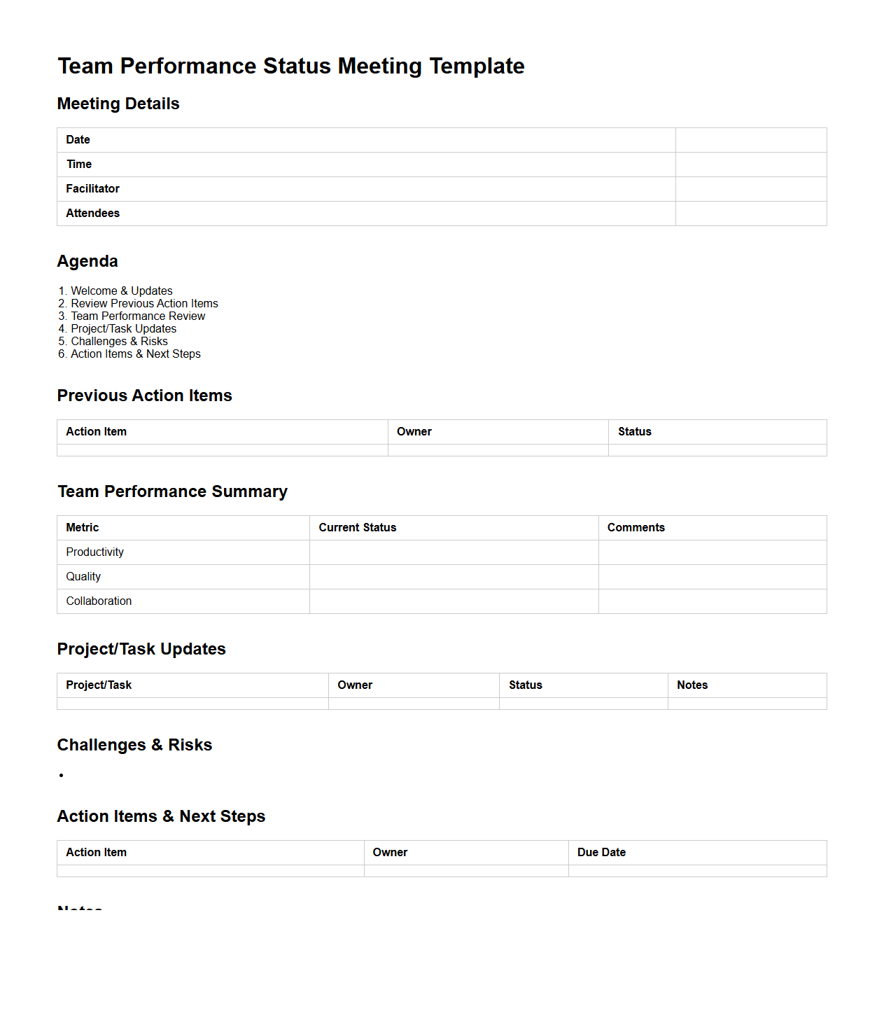 Team Performance Status Meeting Template