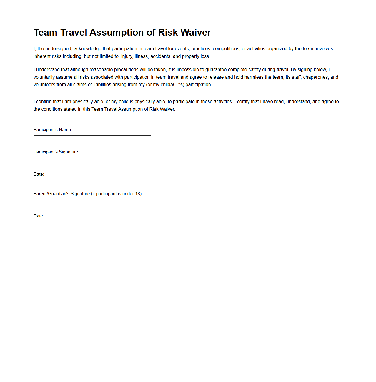 Team Travel Assumption of Risk Waiver