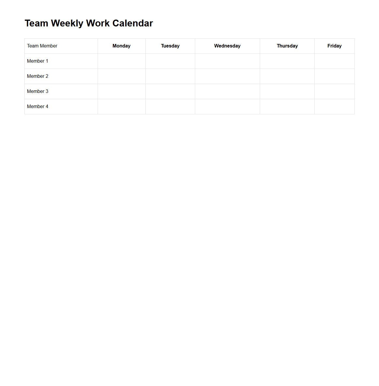 Team Weekly Work Calendar Layout