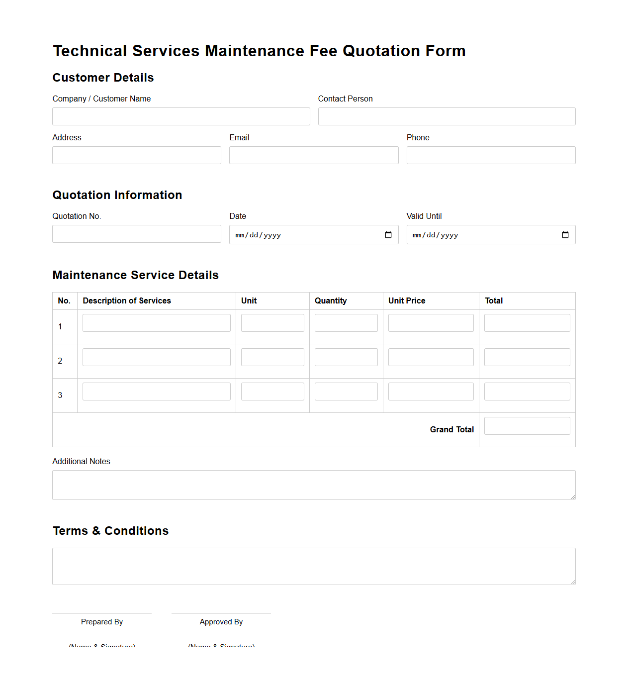 Technical Services Maintenance Fee Quotation Form