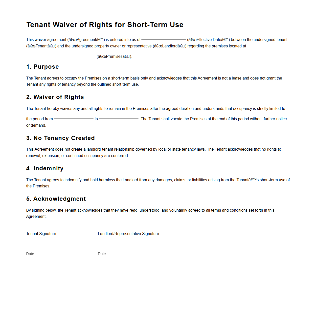 Tenant Waiver of Rights for Short-Term Use