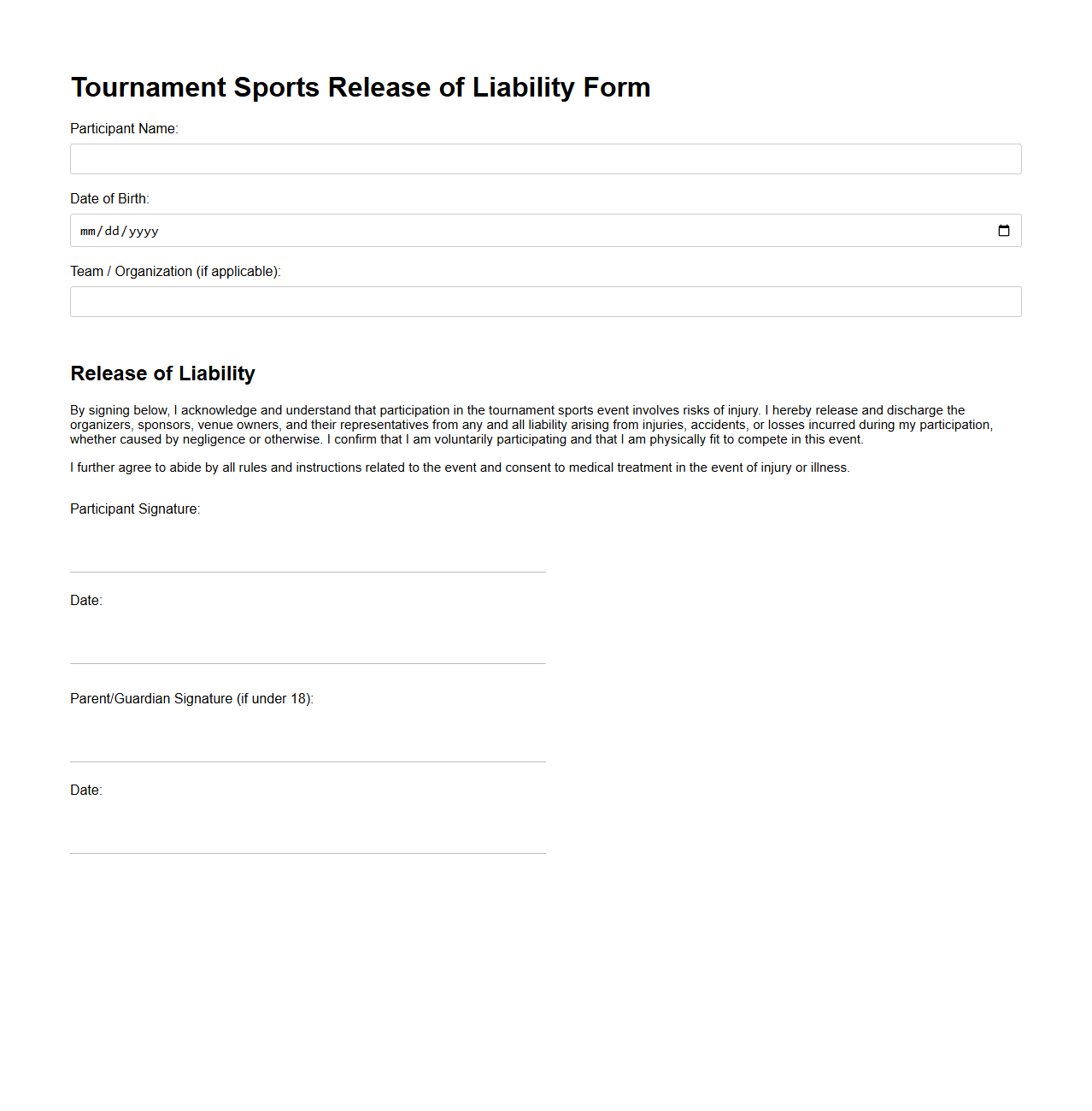 Tournament Sports Release of Liability Form