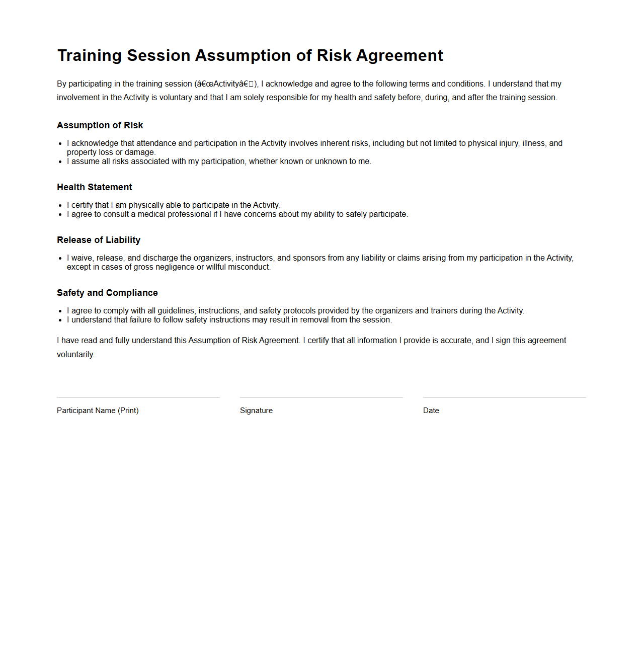 Training Session Assumption of Risk Agreement