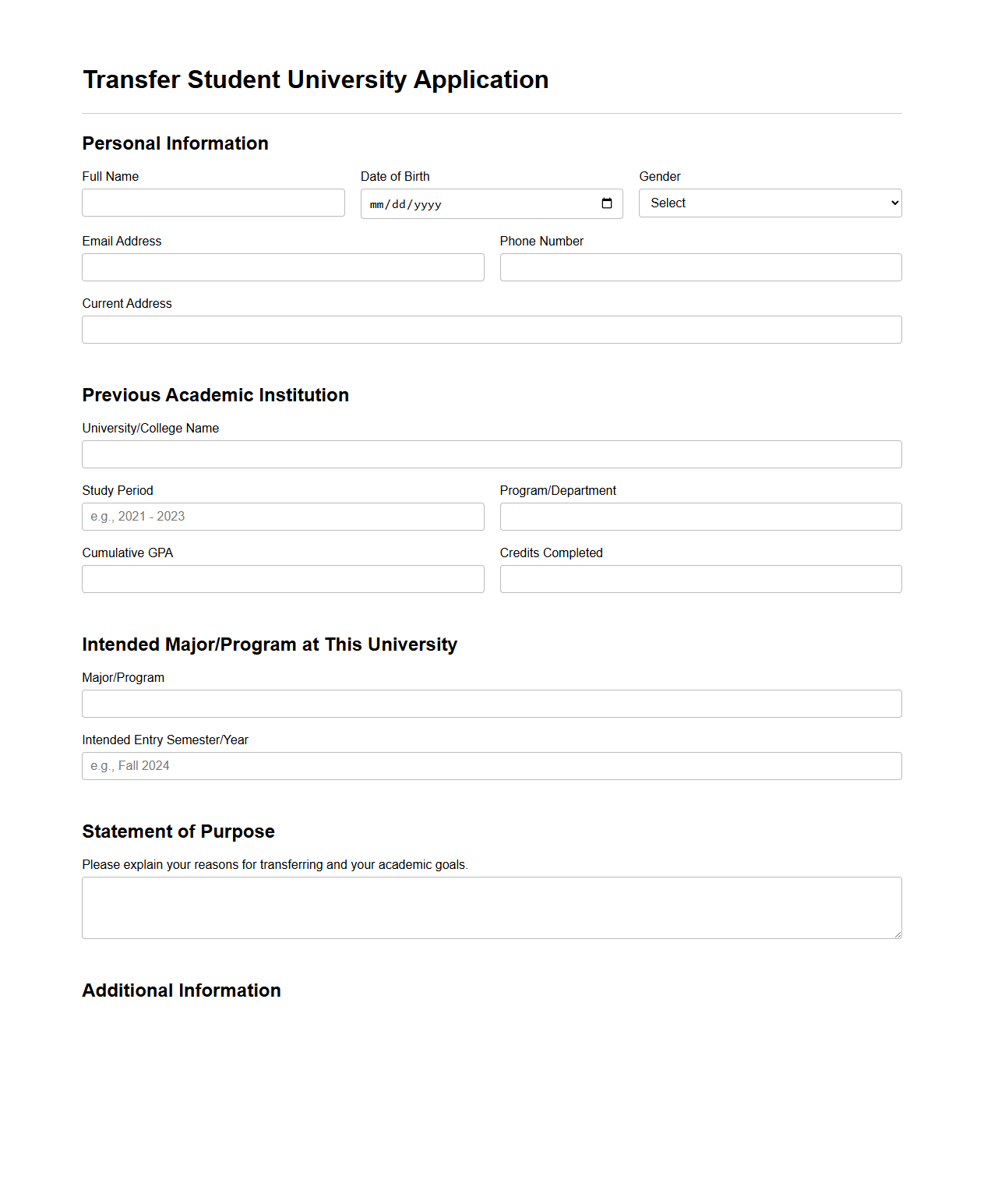 Transfer Student University Application Format