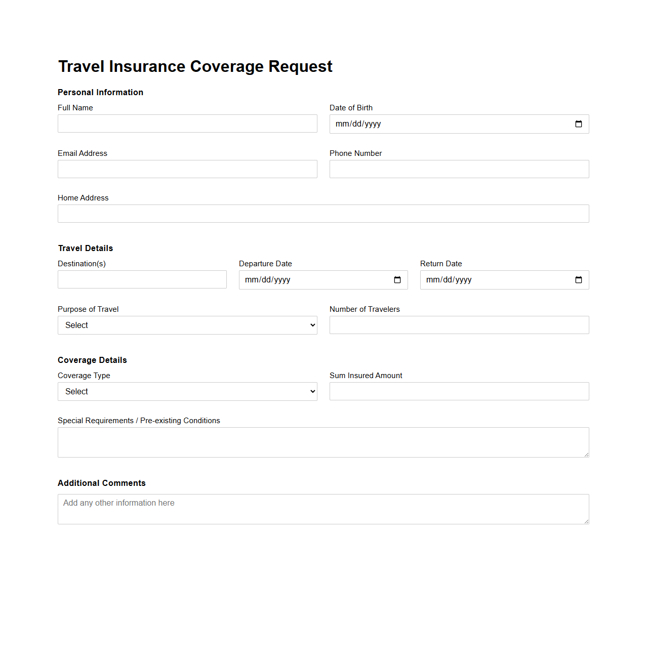 Travel Insurance Coverage Request Template