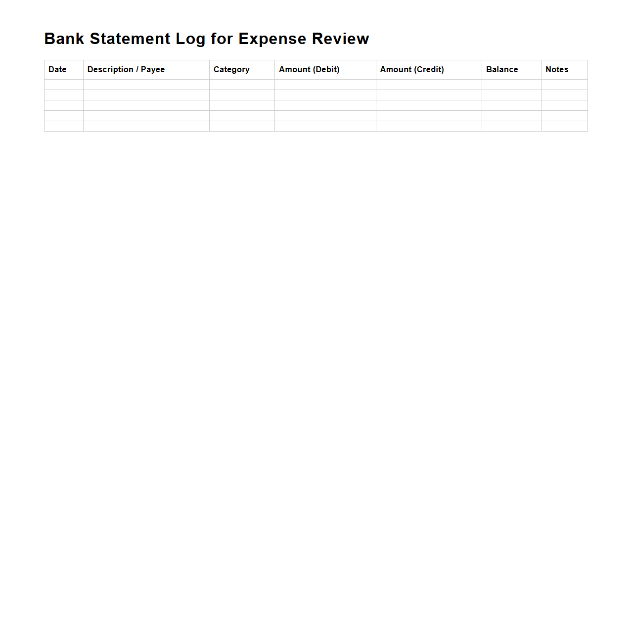Unfilled Bank Statement Log for Expense Review