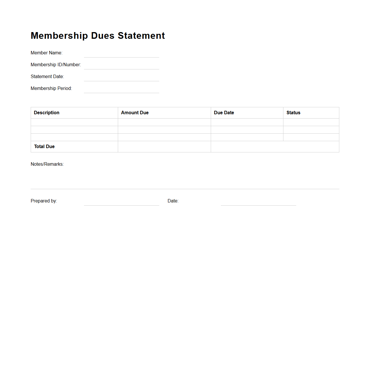 Unfilled Membership Dues Statement Sheet