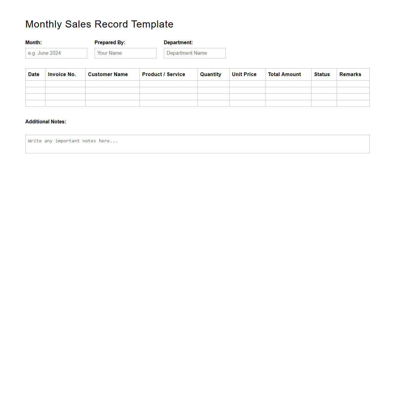Unfilled Sales Record Template for Monthly Use