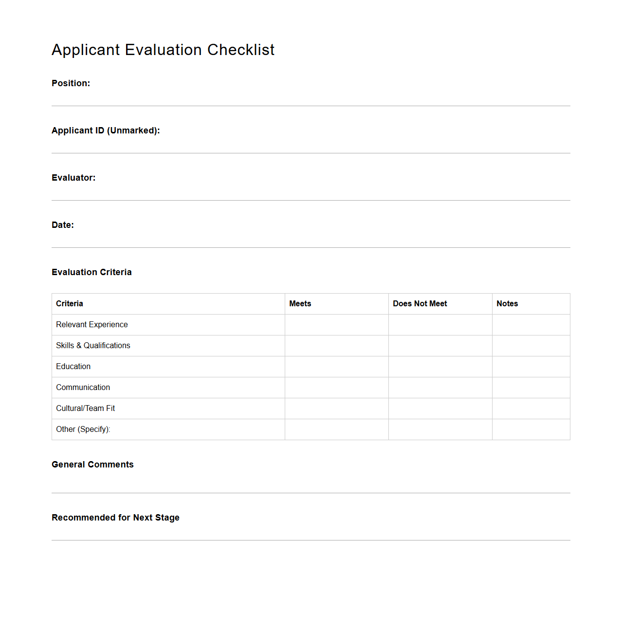Unmarked Applicant Evaluation Checklist Template