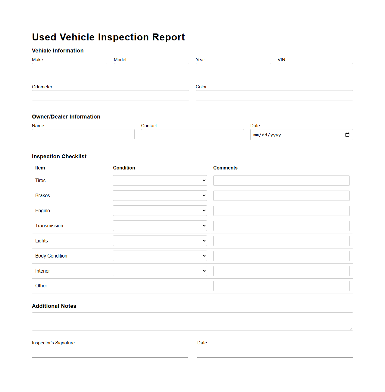 Used Vehicle Inspection Report Template