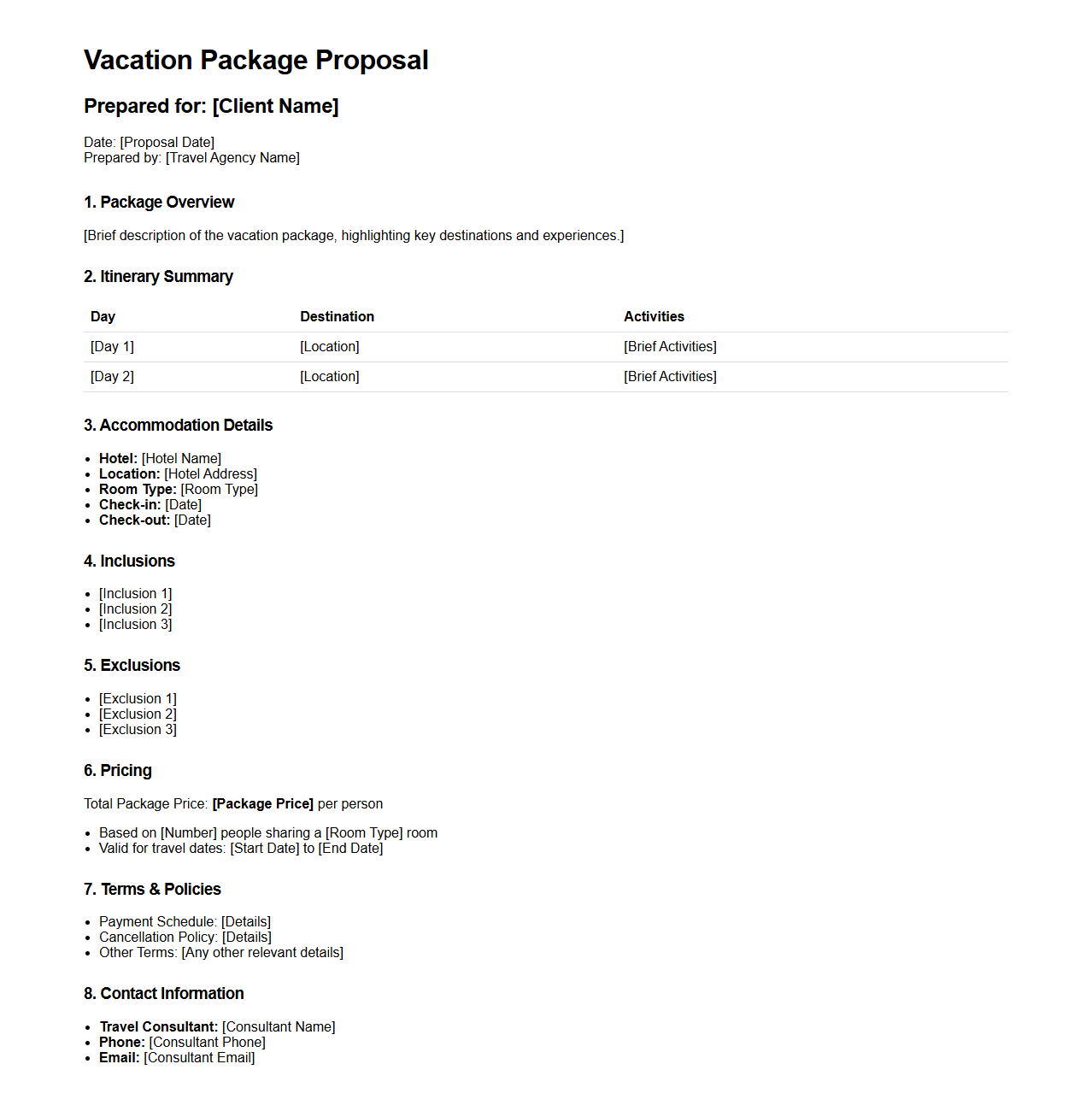 Vacation Package Proposal for Travel Agents