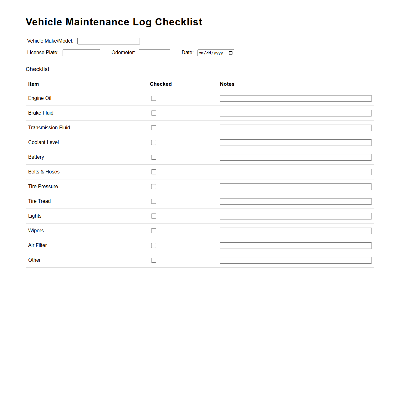 Vehicle Maintenance Log Checklist