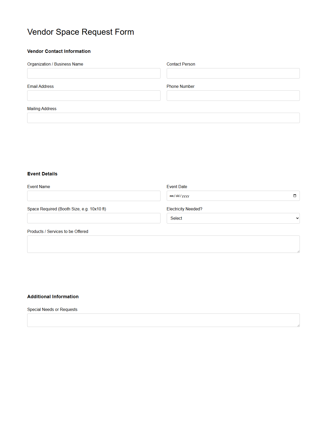 Vendor Space Request Form for Community Events