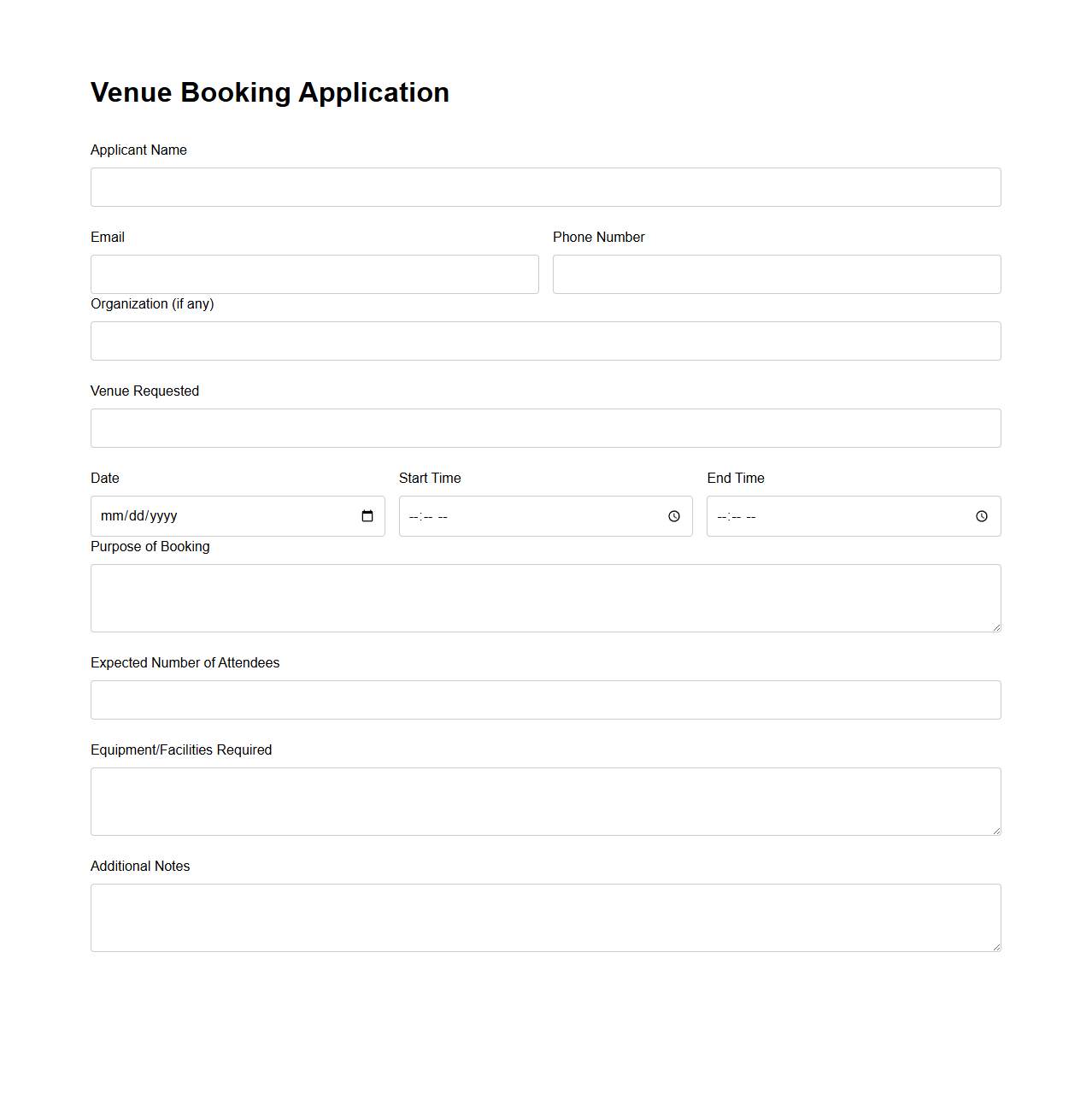 Venue Booking Application Form Template