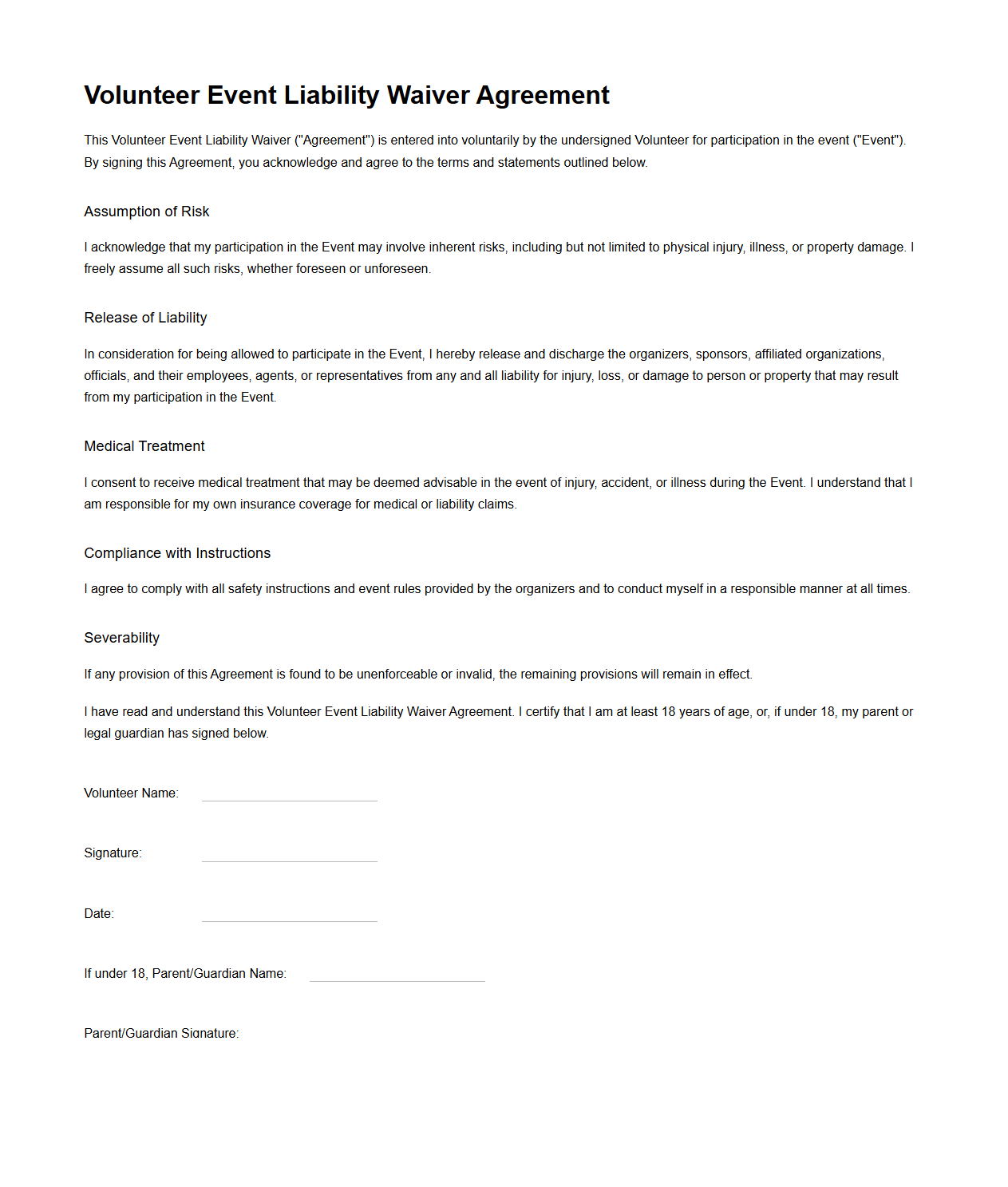 Volunteer Event Liability Waiver Agreement