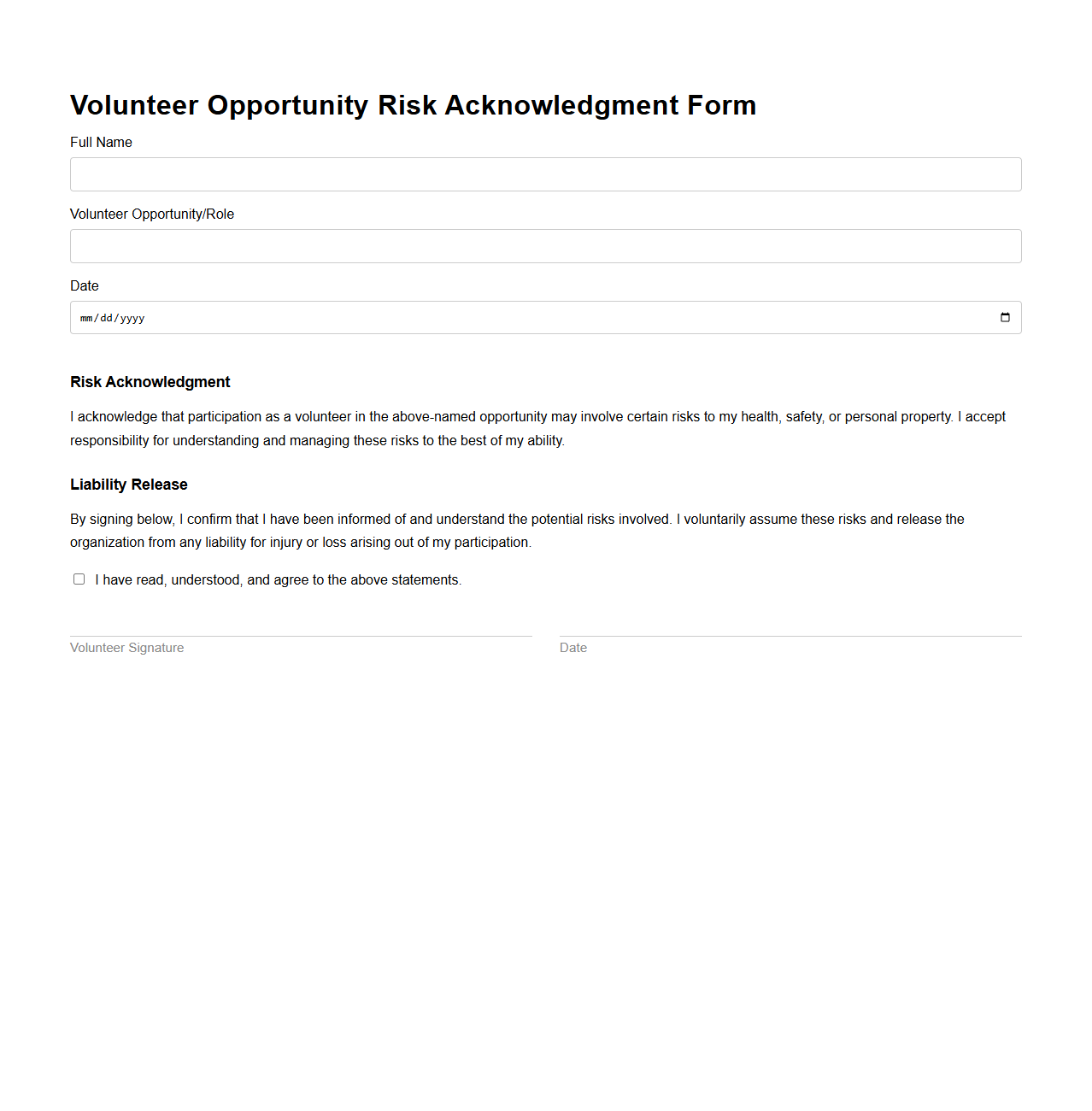 Volunteer Opportunity Risk Acknowledgment Form