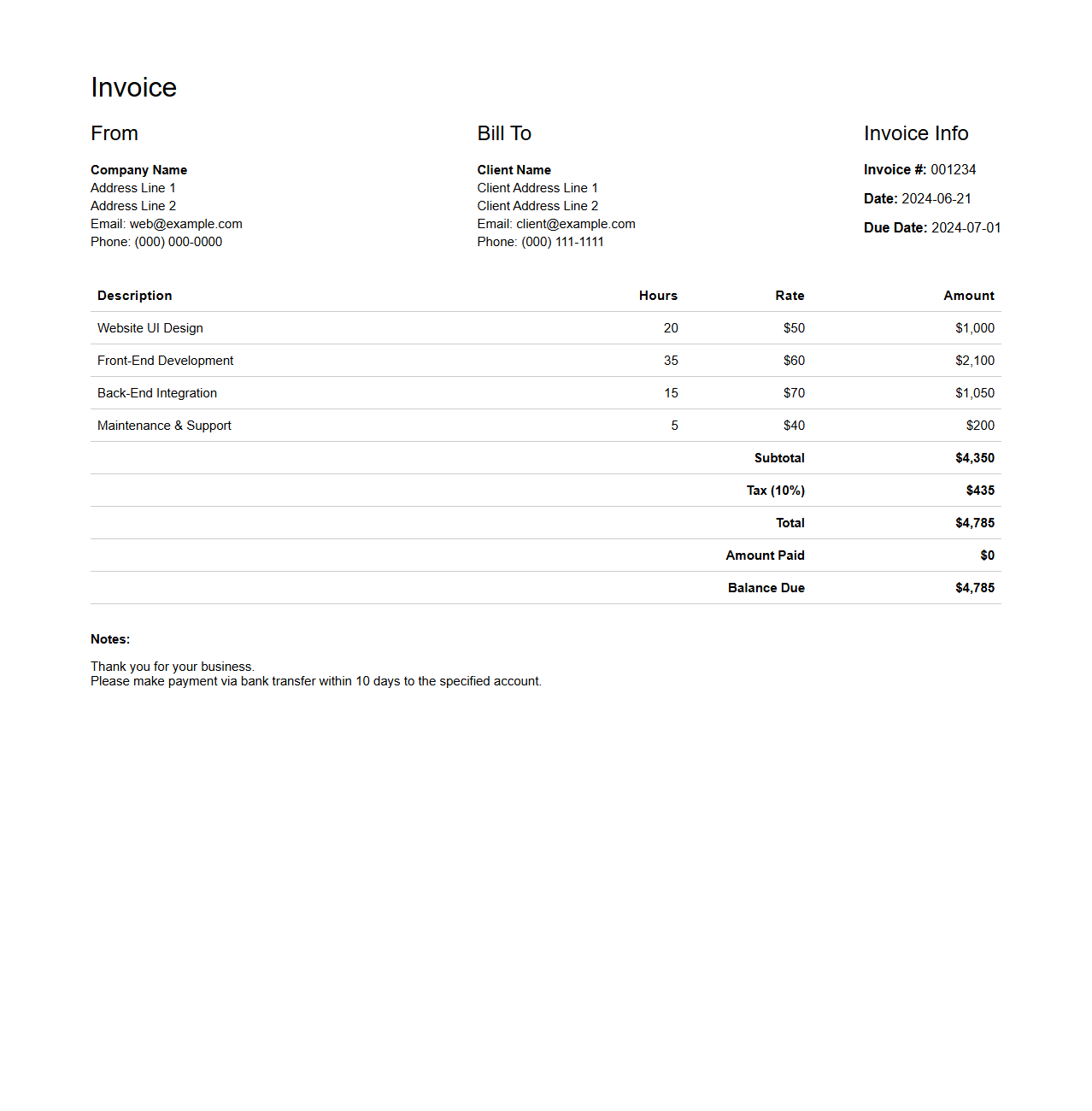 Web Design and Development Invoice Sheet