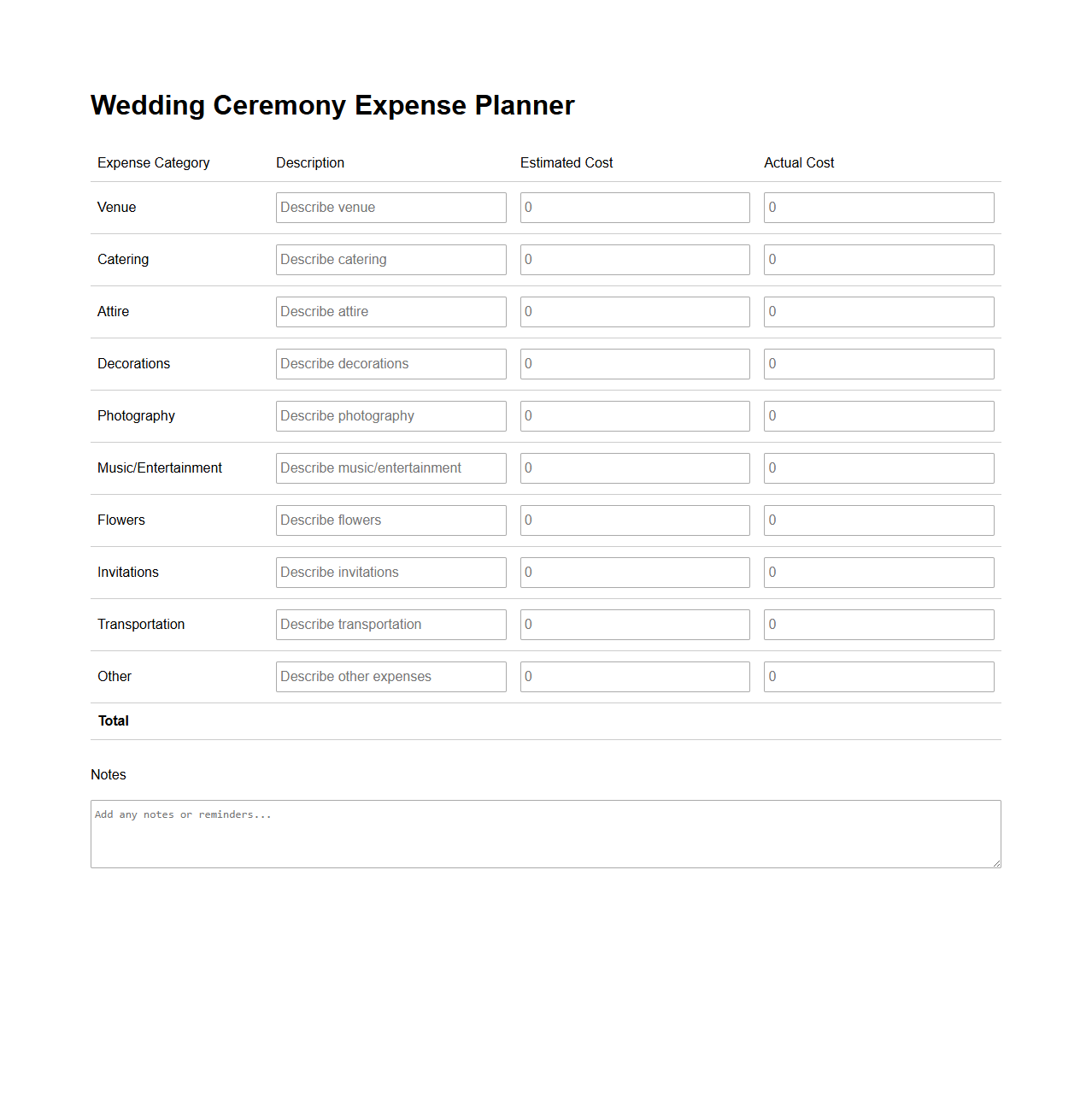 Wedding Ceremony Expense Planner