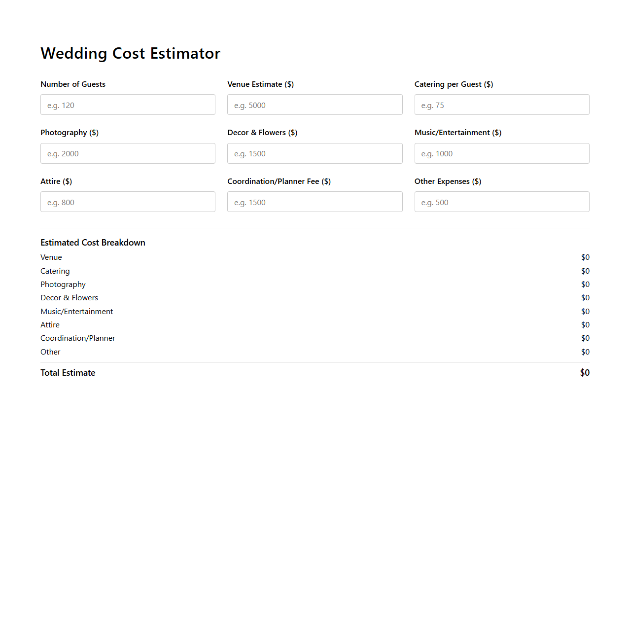 Wedding Cost Estimator for Event Coordinators