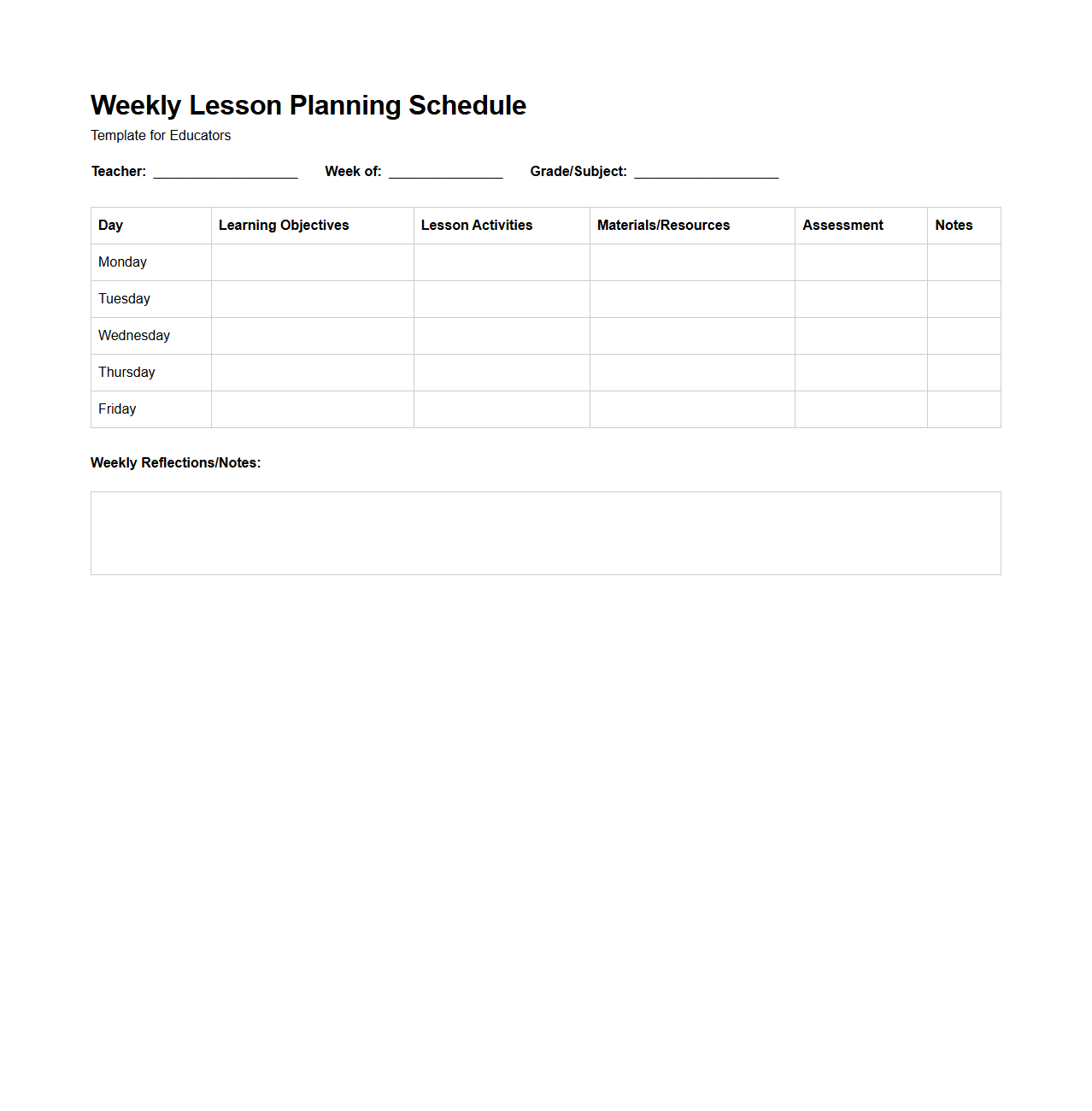Weekly Lesson Planning Schedule Template for Educators