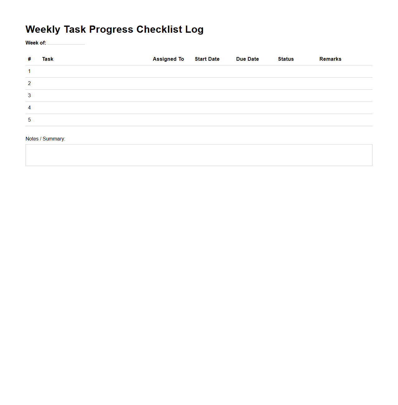 Weekly Task Progress Checklist Log