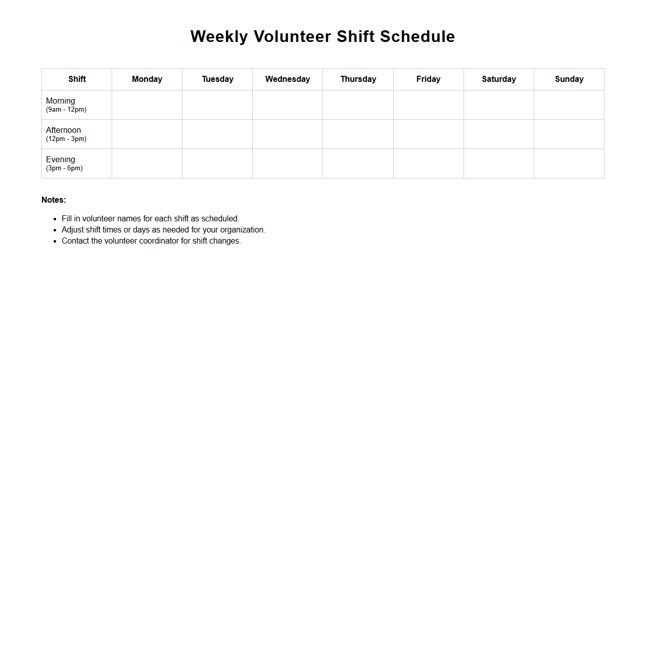 Weekly Volunteer Shift Schedule Template for Nonprofits
