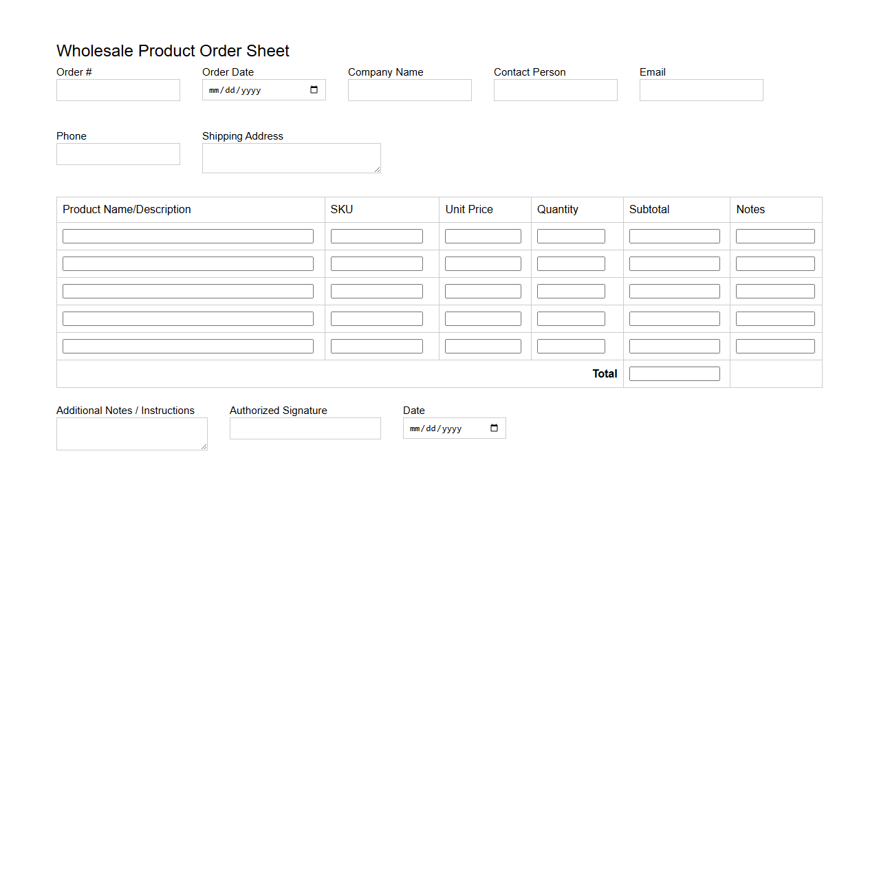 Wholesale Product Order Sheet Template