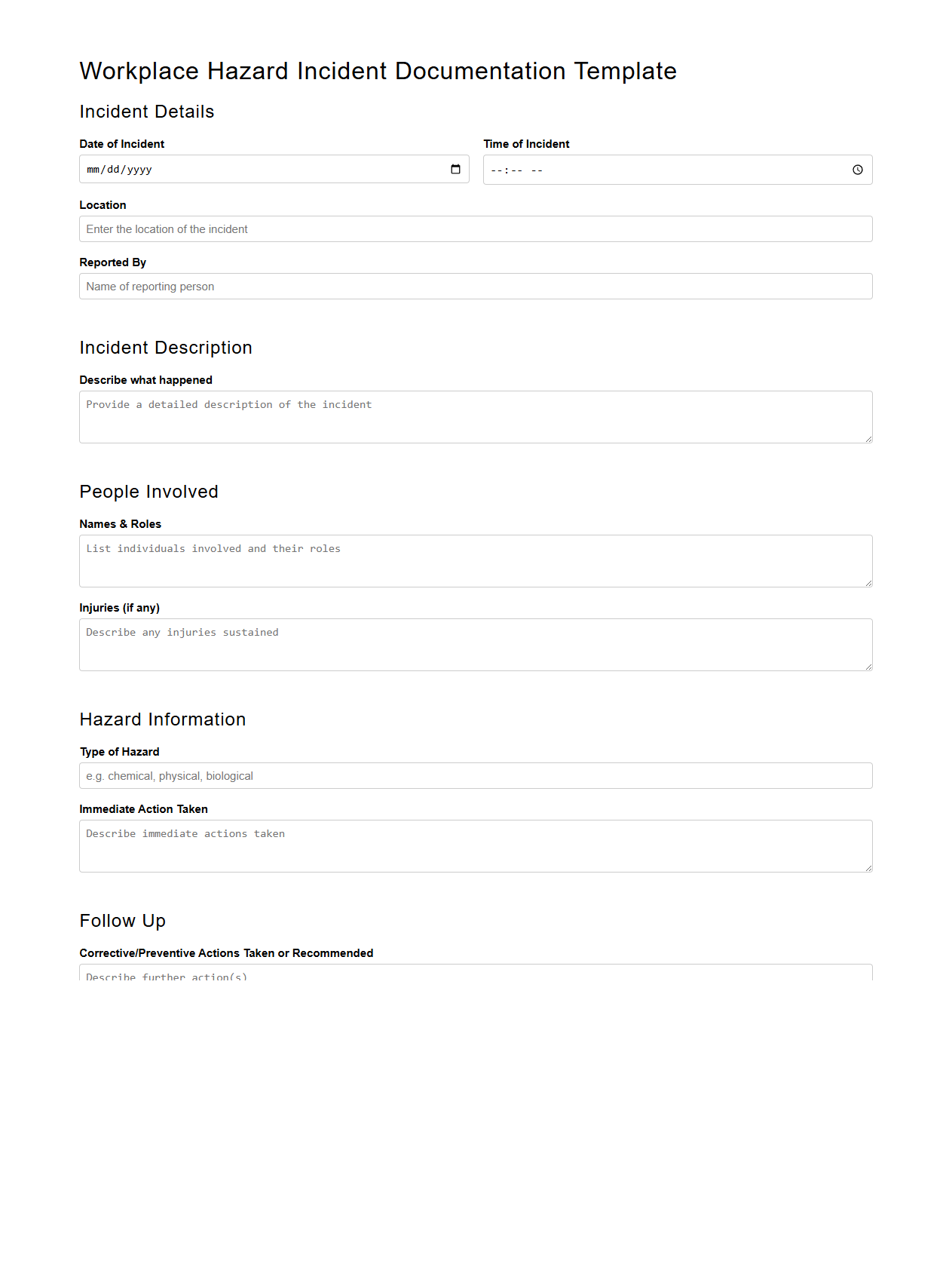 Workplace Hazard Incident Documentation Template