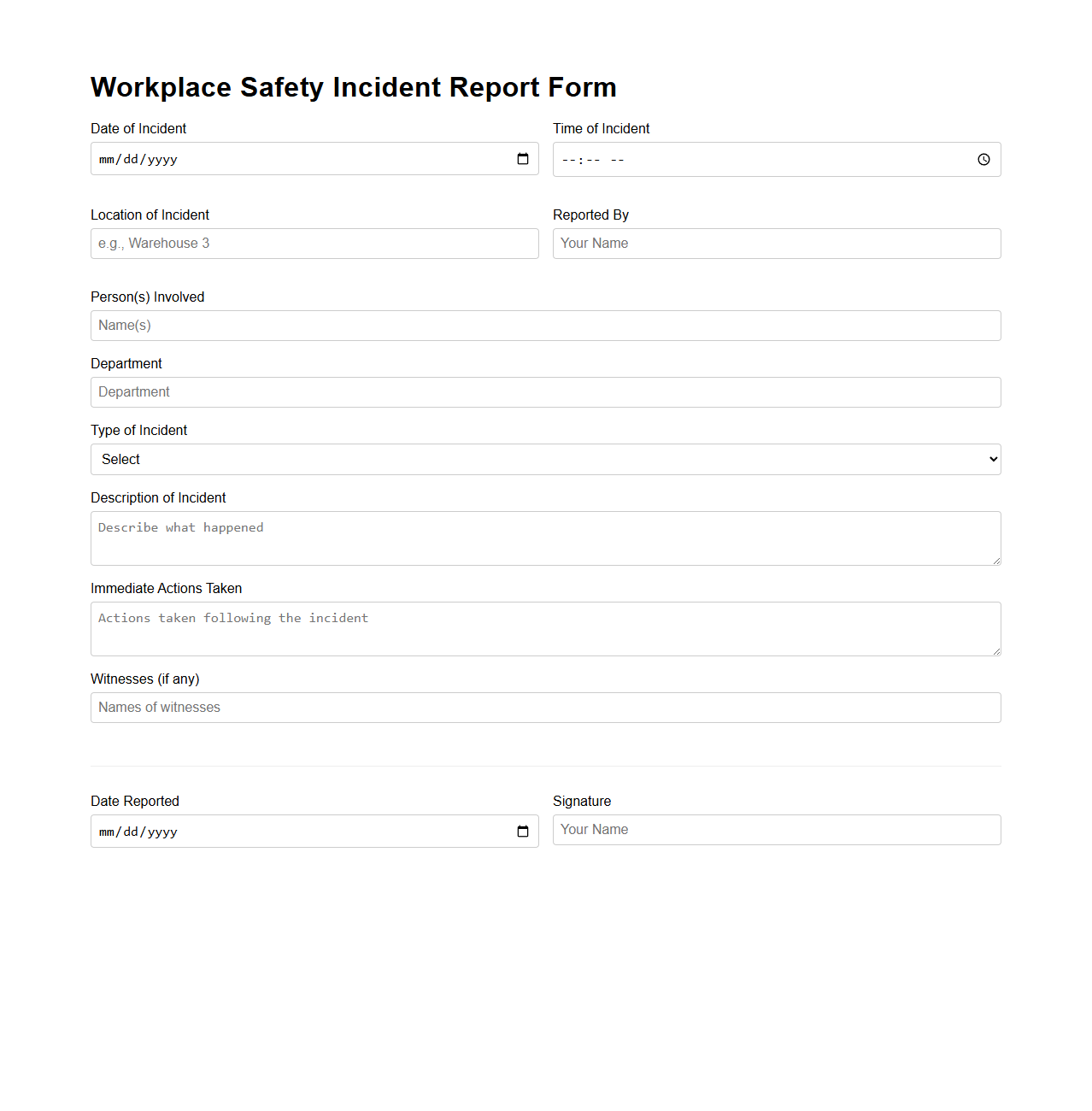 Workplace Safety Incident Report Form Template